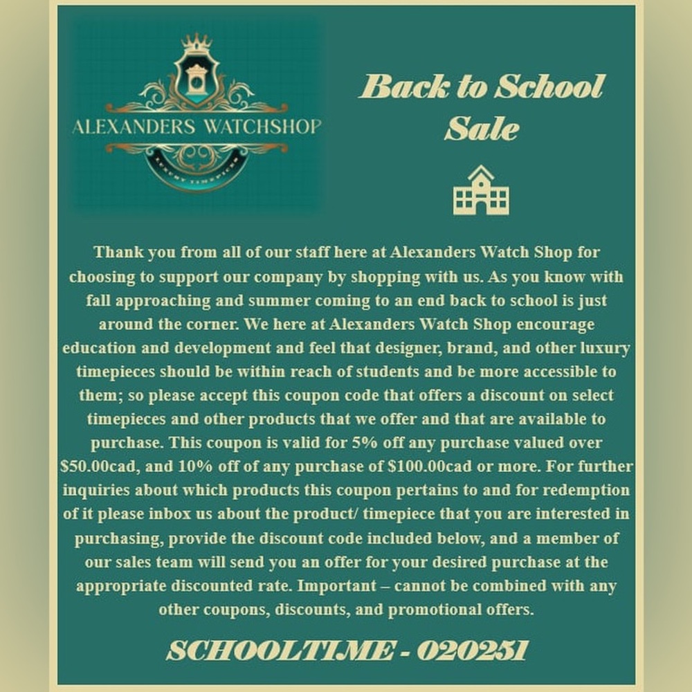 Alexander's Watch Shop Back to School Sale